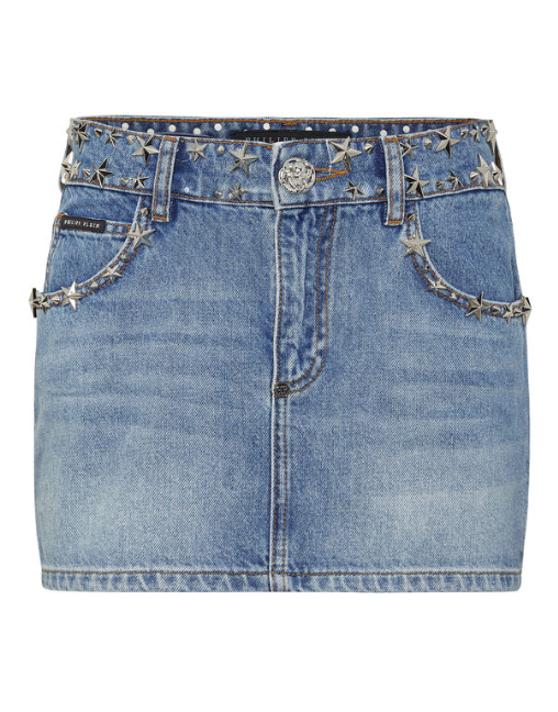 PHILIPP PLEIN Denim Studs Star Mini Skirt Stars