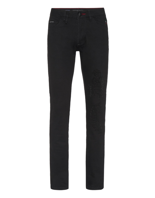 PHILIPP PLEIN Denim Trousers Super Straight Cut Dragon Strass