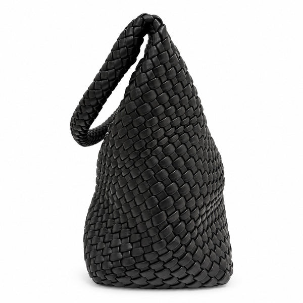 黑色霧面 Vegan Leather 編織托特包側面,側寬約16公分