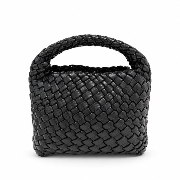 WEAVE 織語 黑色 Vegan Leather 編織迷你手提包正面,方正包身與編織短提把