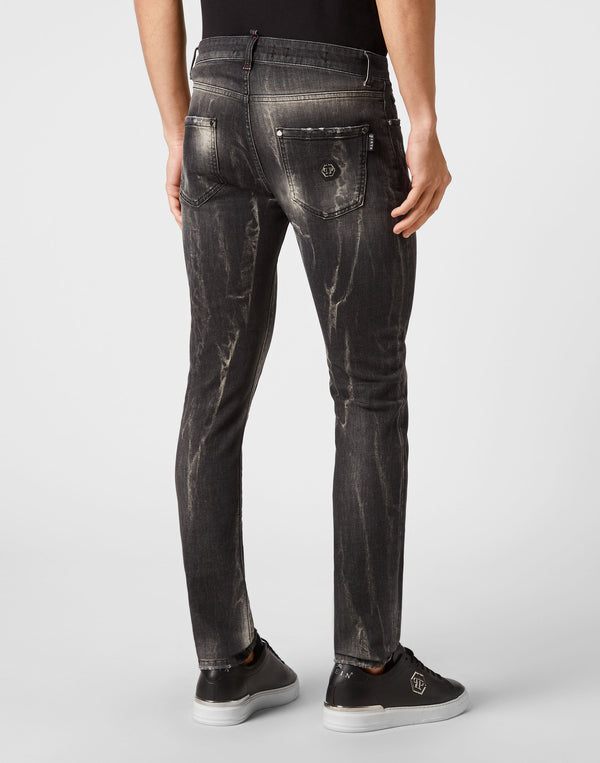 Philipp Plein|Denim Trousers Super Straight Cut Fit Skull&Bones Amangiri Grey 男款牛仔褲