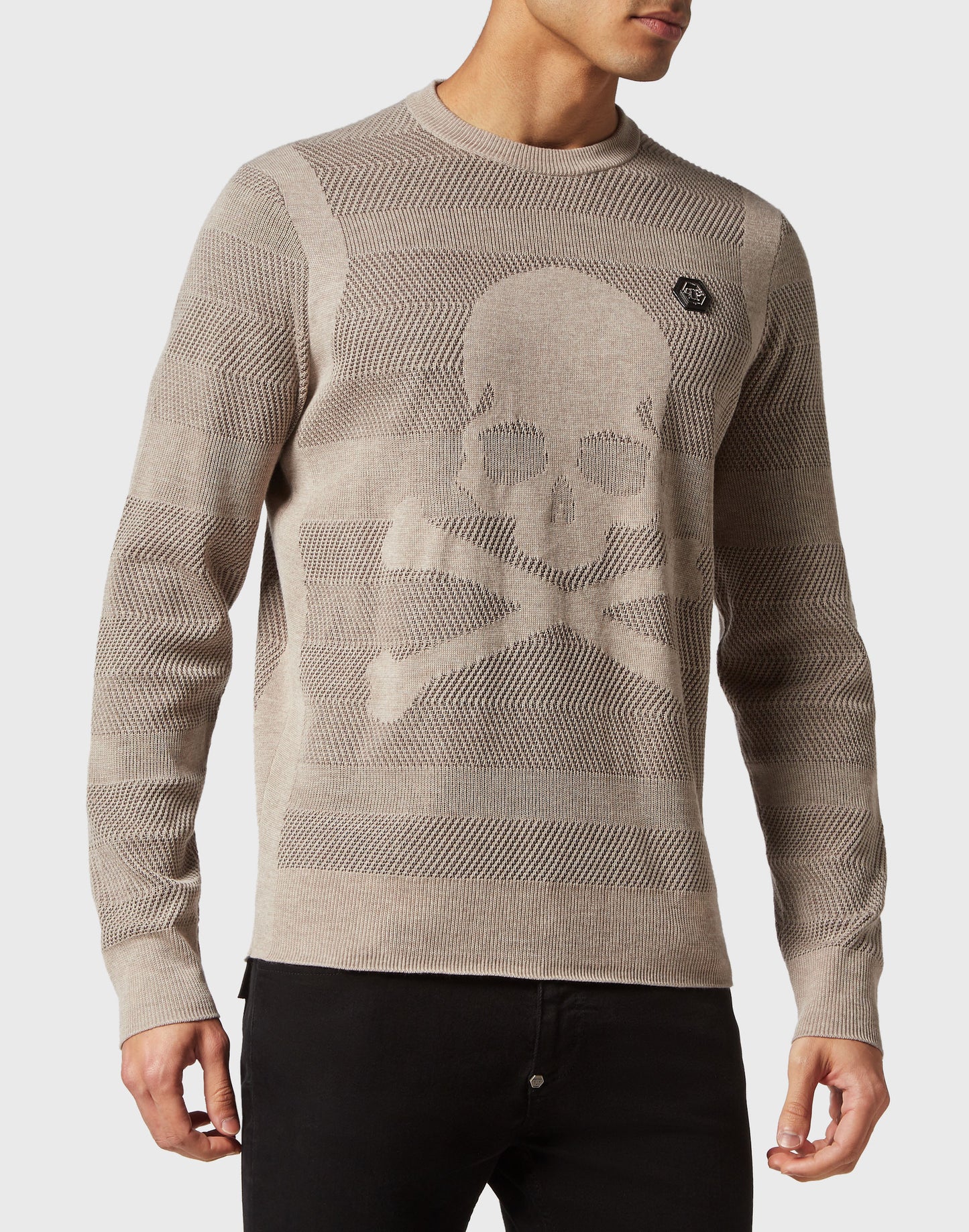 Wool/Silk Pullover Round Neck LS Skull&Bones brown / beige