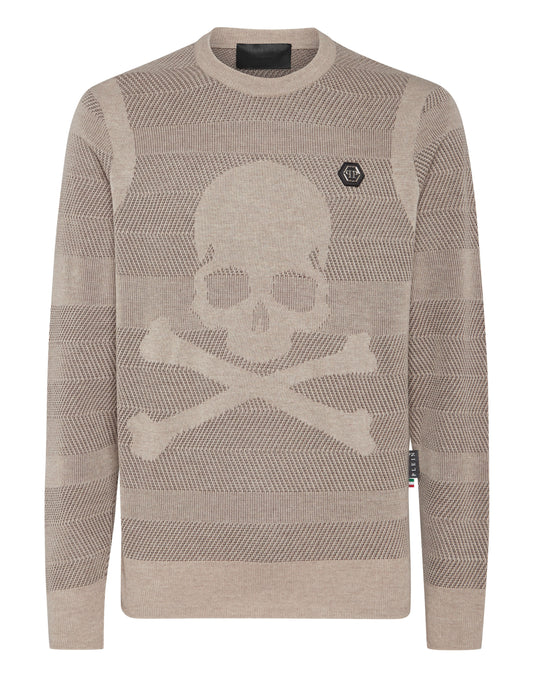 Wool/Silk Pullover Round Neck LS Skull&Bones brown / beige