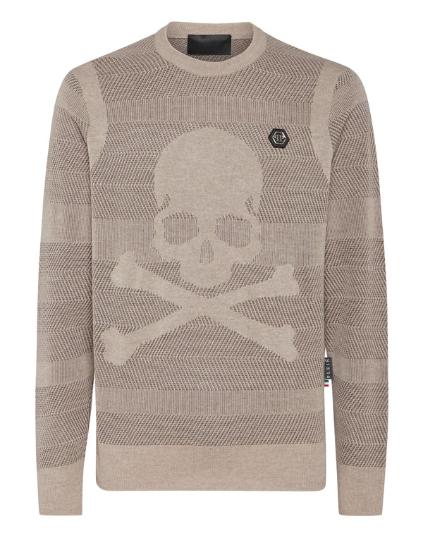PHILIPP PLEIN Wool/Silk Pullover Round Neck LS Skull&Bones brown / beige