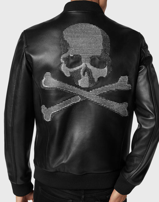 Leather Bomber with Crystals Skull&Bones black