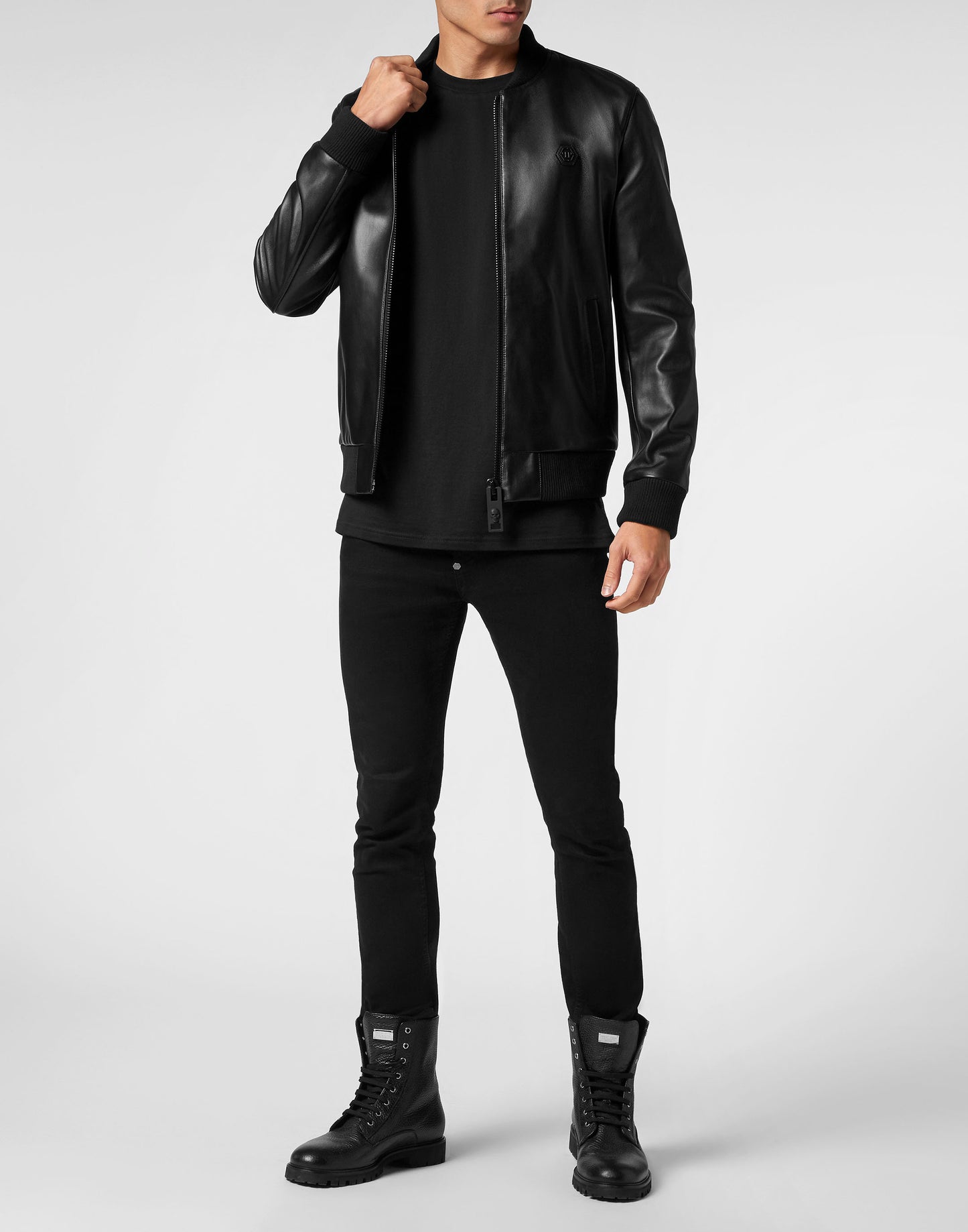 Leather Bomber with Crystals Skull&Bones black