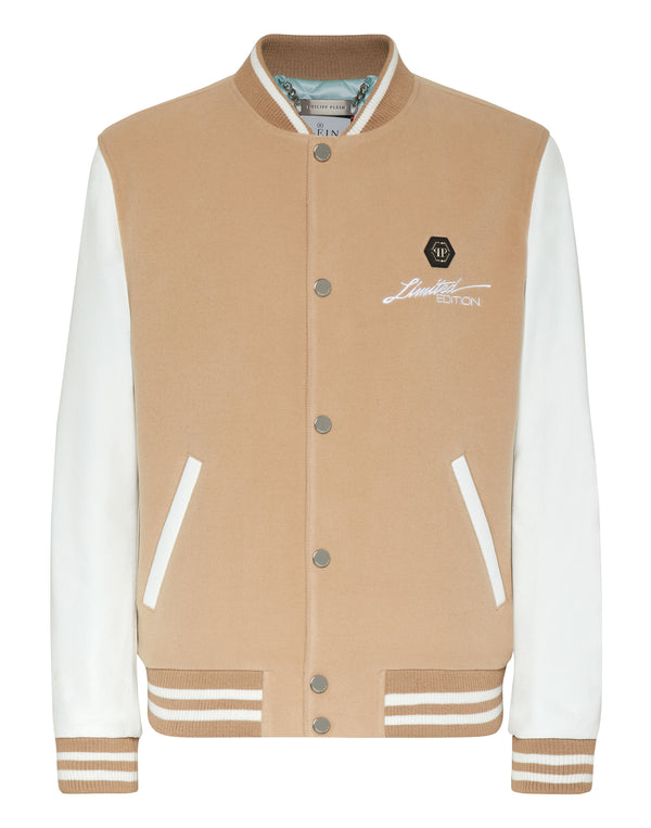 PHILIPP PLEIN Wool and Leather Bomber Skull&Bones beige / white