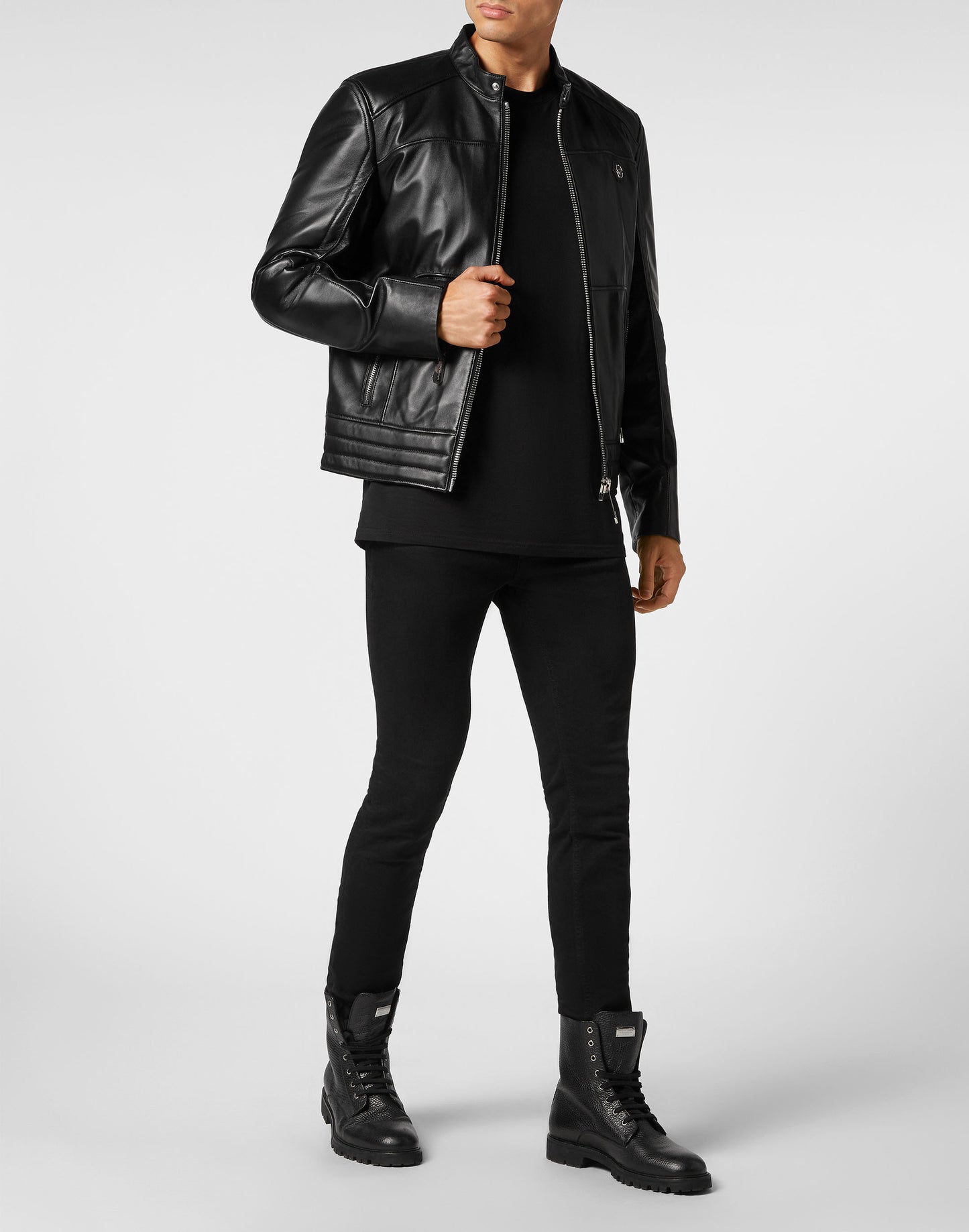 Padded Leather Biker Jacket black
