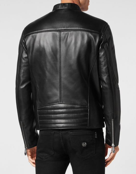 Padded Leather Biker Jacket black