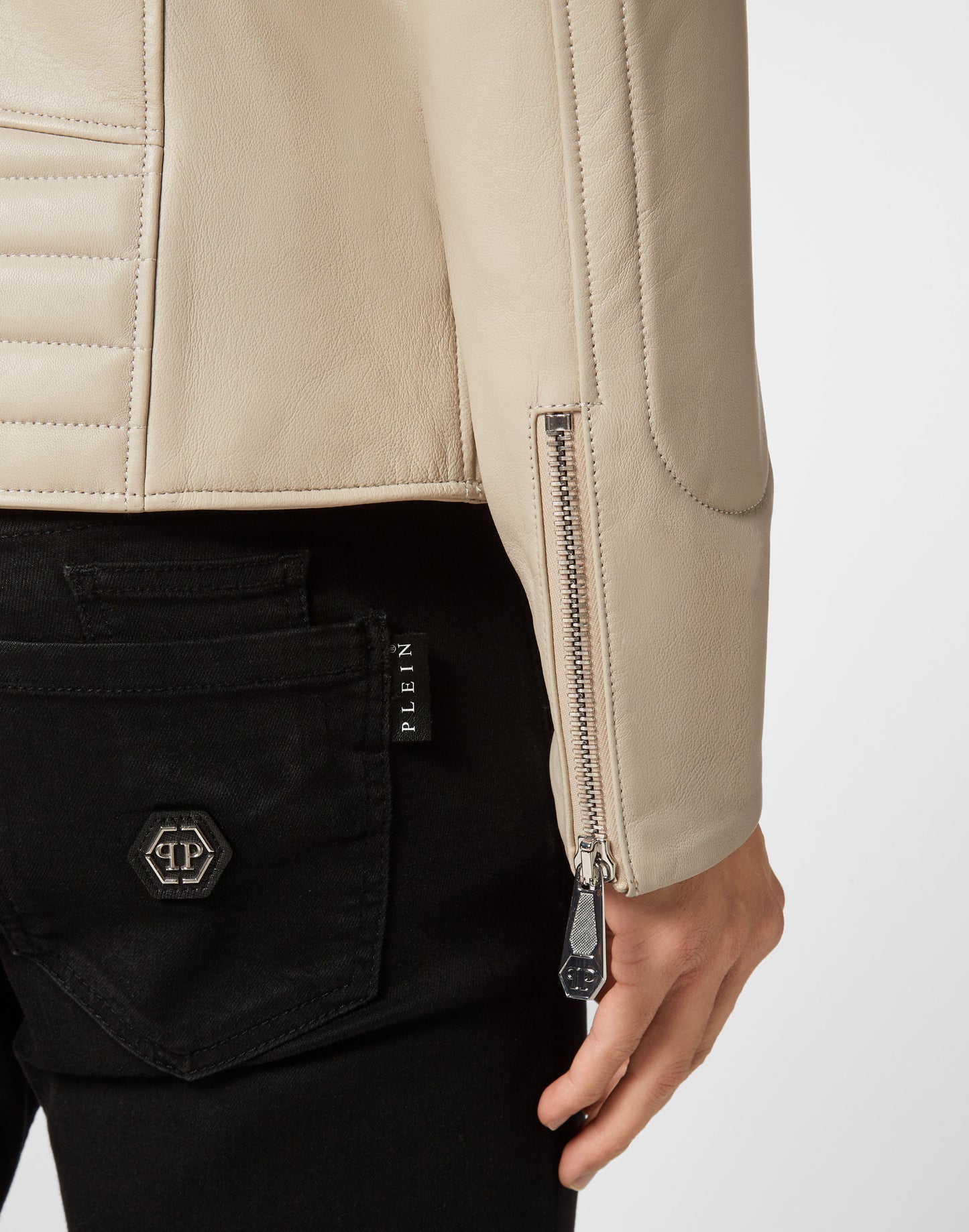 Padded Leather Biker Jacket beige