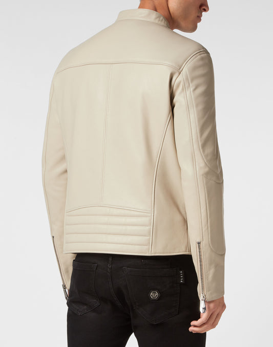 Padded Leather Biker Jacket beige