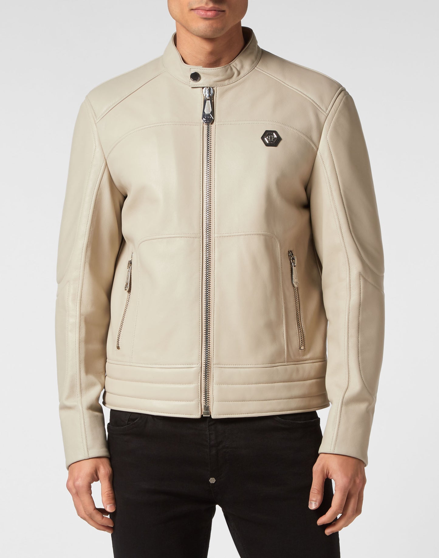 Padded Leather Biker Jacket beige