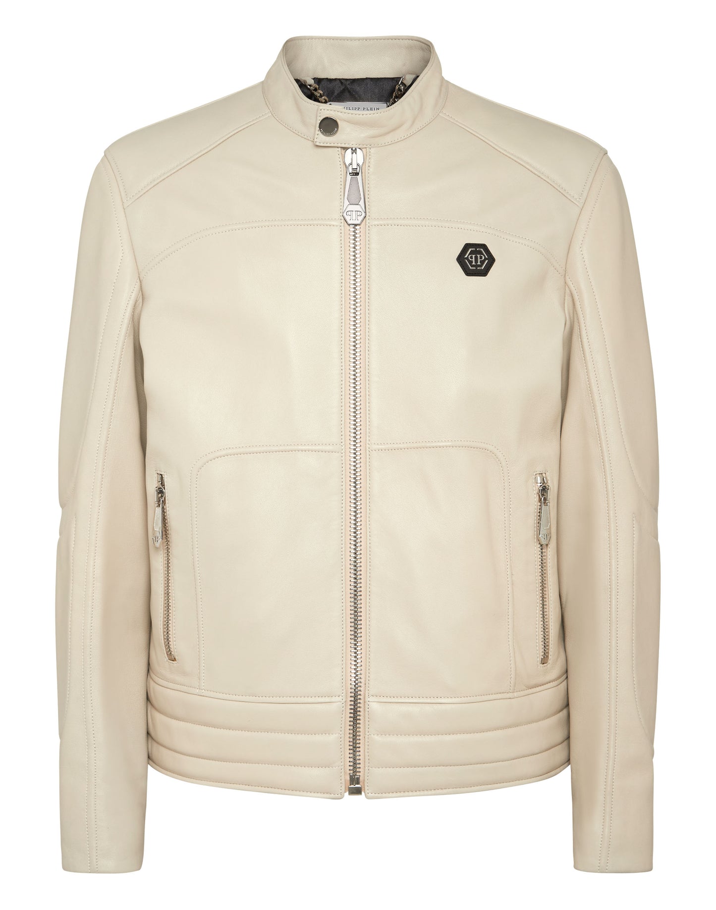Padded Leather Biker Jacket beige