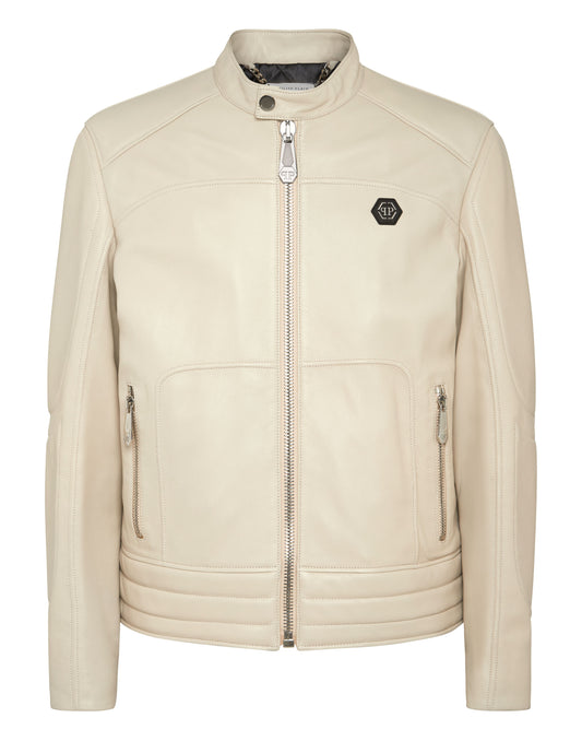 Padded Leather Biker Jacket beige