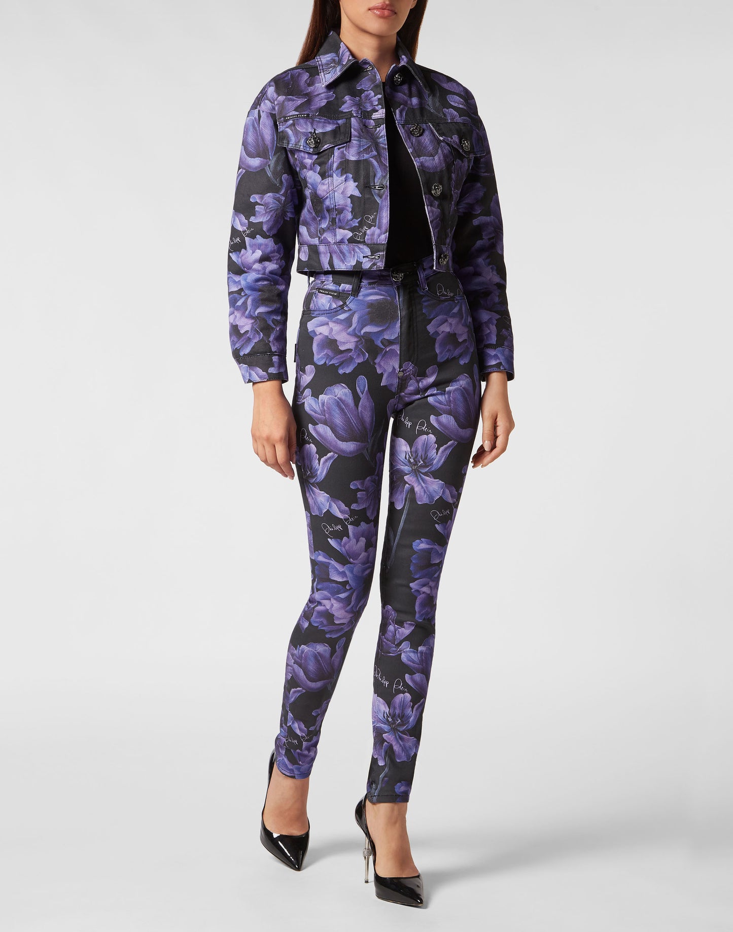 Cropped Denim Jacket Paisley Flowers black