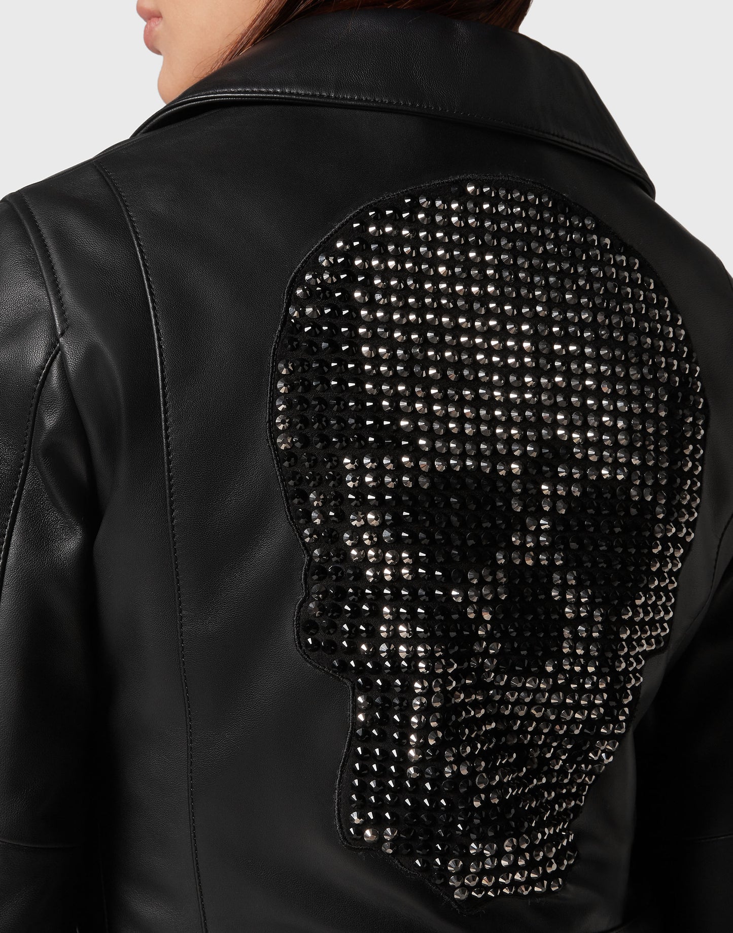Leather Boxy Biker Jacket with Crystals black