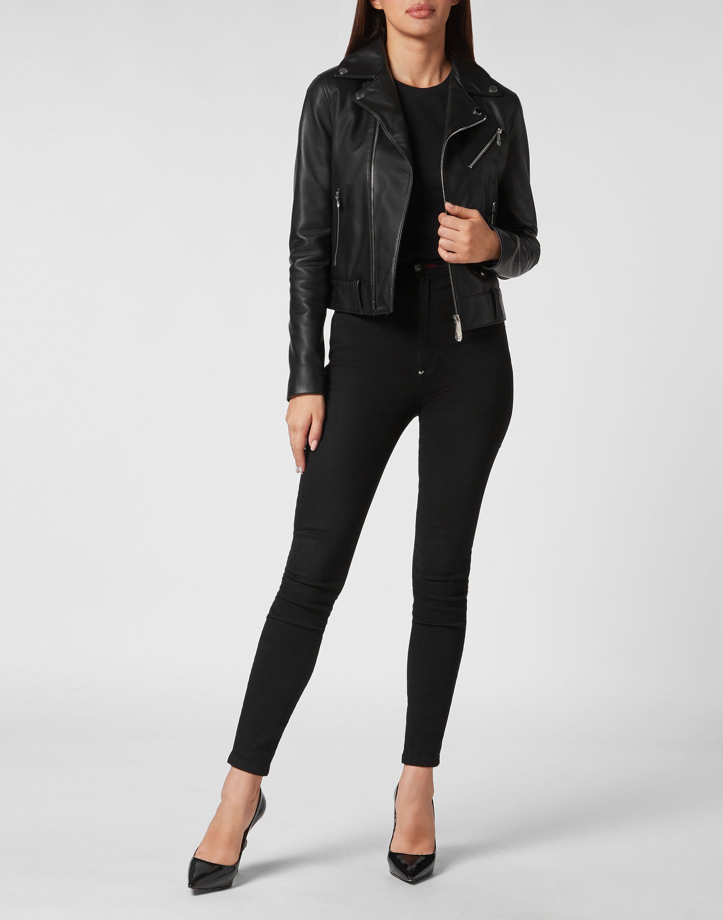 Leather Boxy Biker Jacket with Crystals black