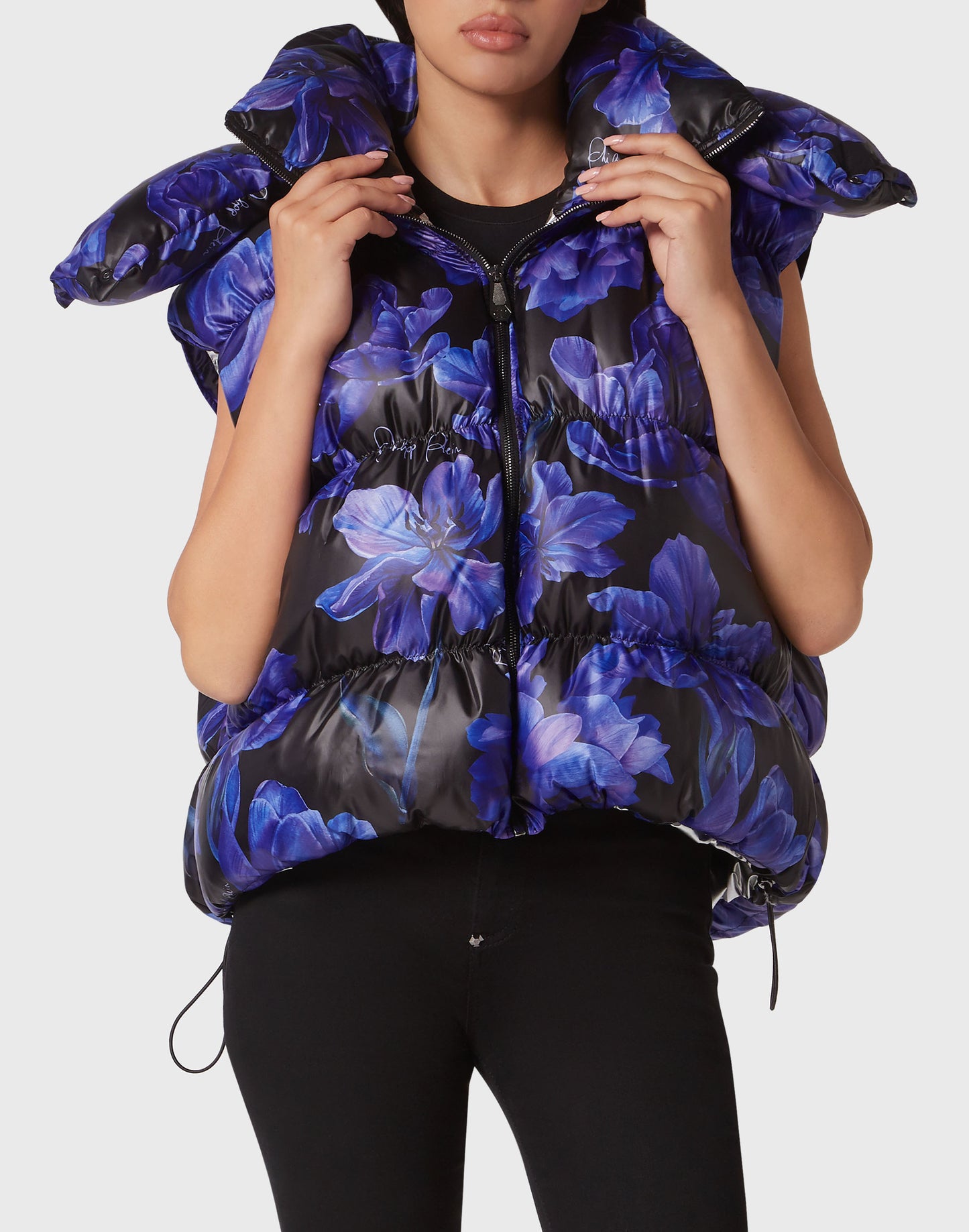 Nylon Down Jacket Vest Flowers black