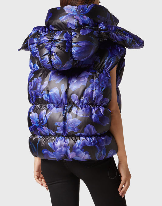 Nylon Down Jacket Vest Flowers black