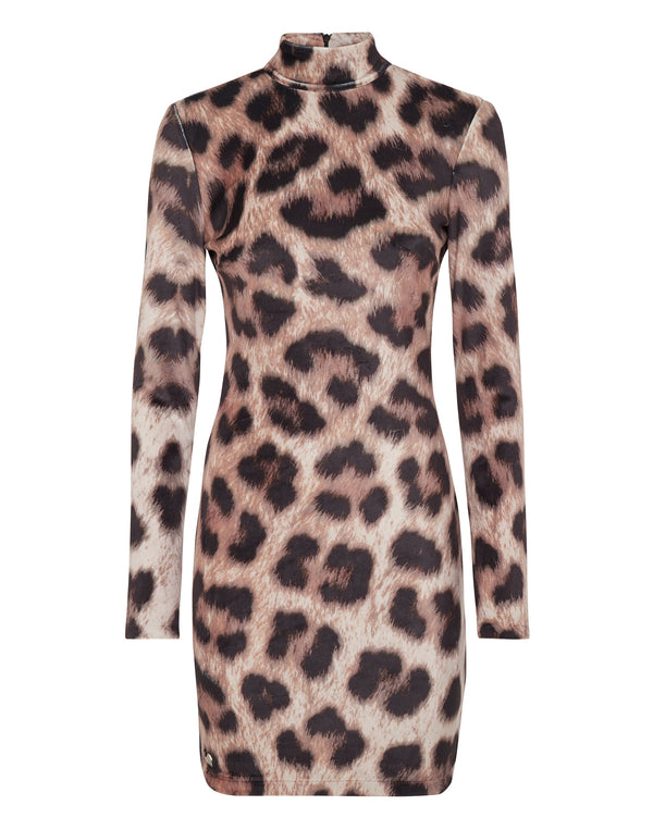 PHILIPP PLEIN Chenille Turtleneck Mini Dress Leopard leopard