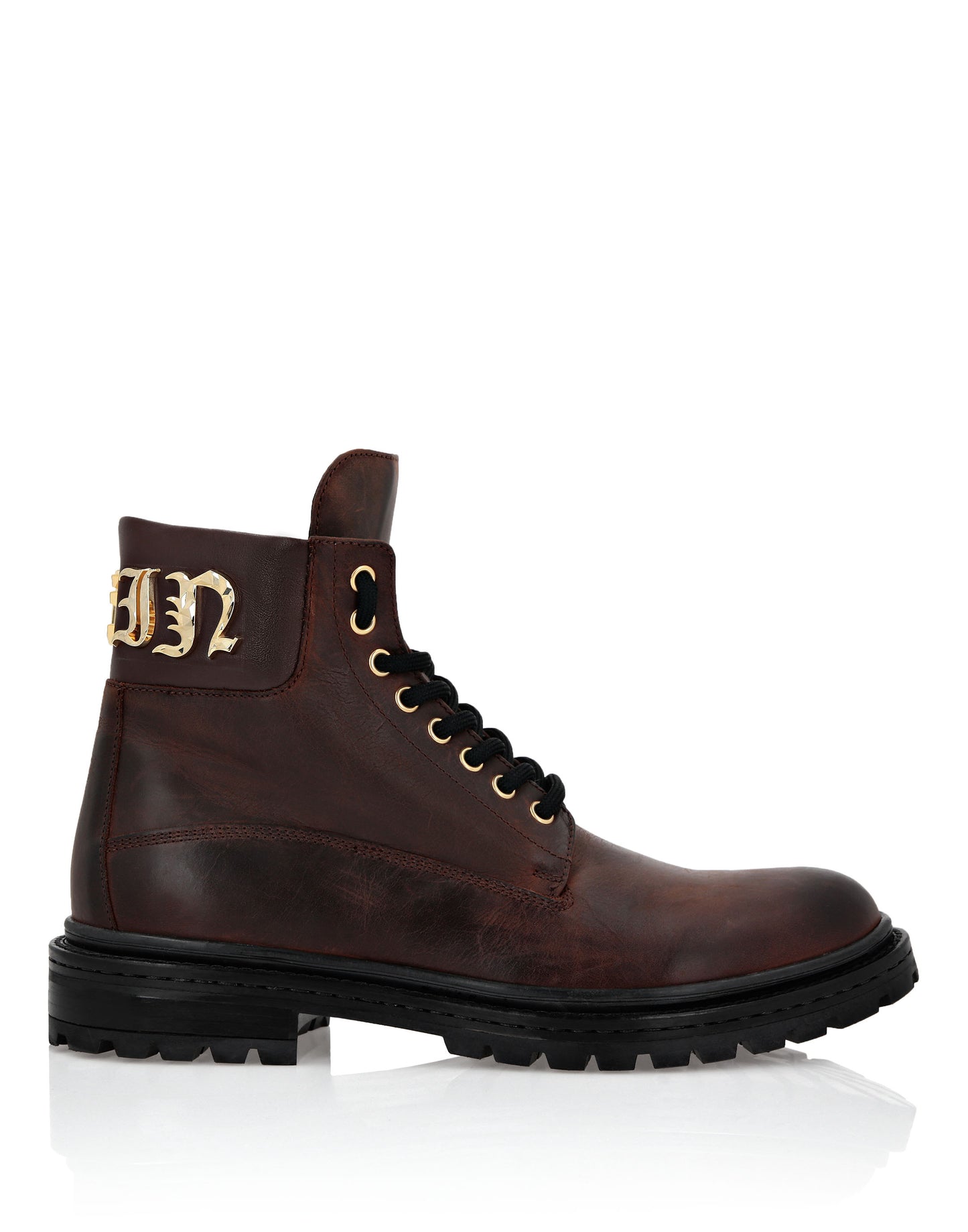 Leather Boots Mid Flat Gothic Plein dark brown