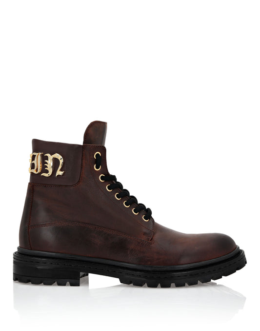 Leather Boots Mid Flat Gothic Plein dark brown