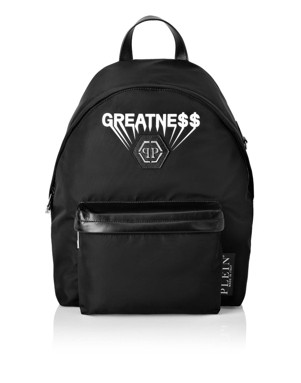 Philipp Plein Nylon Backpack Greatness 全黑尼龍GREATNE$$印花六角PP徽章後背包正面