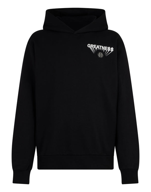 Philipp Plein Fleece Hoodie Greatness 全黑GREATNE$$印花六角徽章連帽衛衣 男款正面