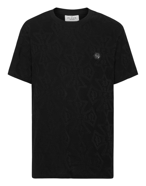 Philipp Plein Round Neck Jacquard T-Shirt Crest 黑色滿版提花暗紋六角徽章圓領T恤 男款正面