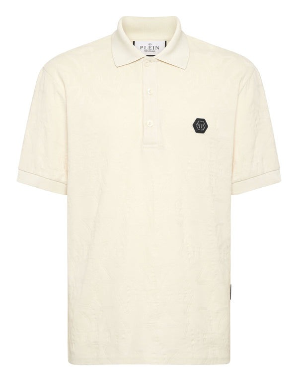 Philipp Plein Polo T-Shirt Jacquard Crest 米白提花翻領黑色六角PP徽章Polo衫 男款正面