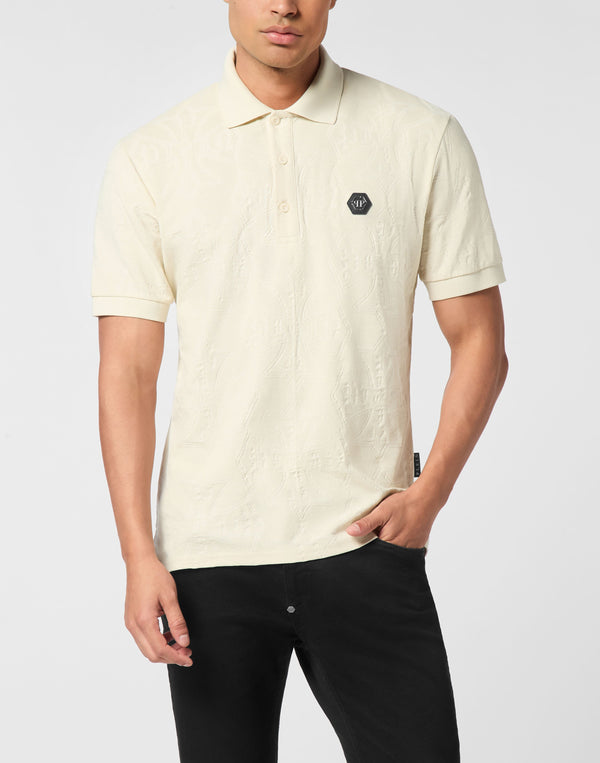Philipp Plein Polo T-Shirt Jacquard Crest 米白提花翻領黑色六角PP徽章Polo衫 男款正面