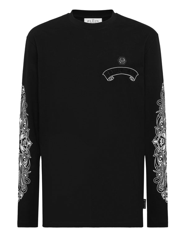 Philipp Plein Long Sleeve T-Shirt Chrome Crest 黑色雙袖白色巴洛克花紋長袖圓領T恤 男款正面