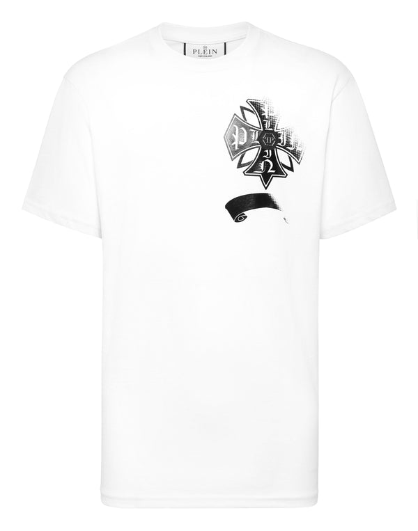 Philipp Plein Washed T-Shirt Destroyed Crest 白色水洗哥德十字架骷髏緞帶蝴蝶結圓領T恤 男款正面