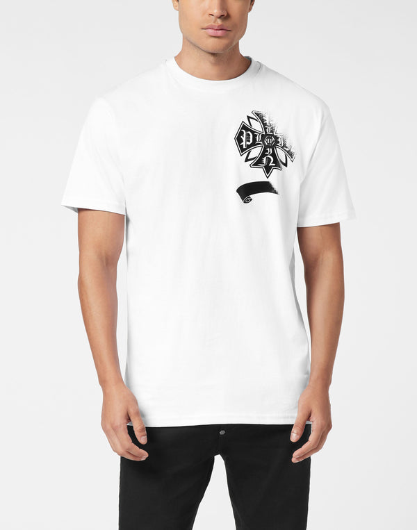 Philipp Plein Washed T-Shirt Destroyed Crest 白色水洗哥德十字架骷髏緞帶蝴蝶結圓領T恤 男款正面