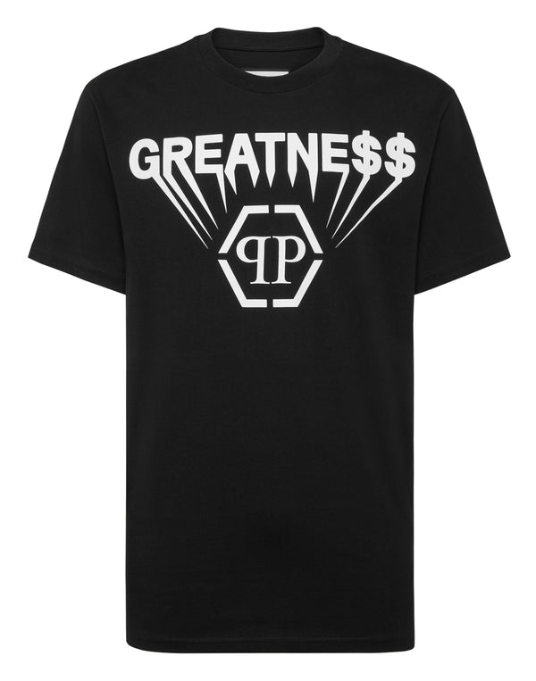 Philipp Plein Printed Round Neck T-Shirt Greatness 黑色超大滿版GREATNE$$放射六角PP徽章圓領T恤 男款正面