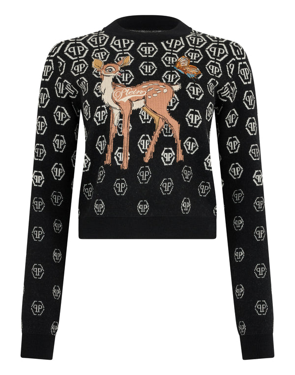 Philipp Plein Pullover Fairy Embroidery Monogram 黑色滿版六角暗紋大型小鹿刺繡短版針織衫 女款正面