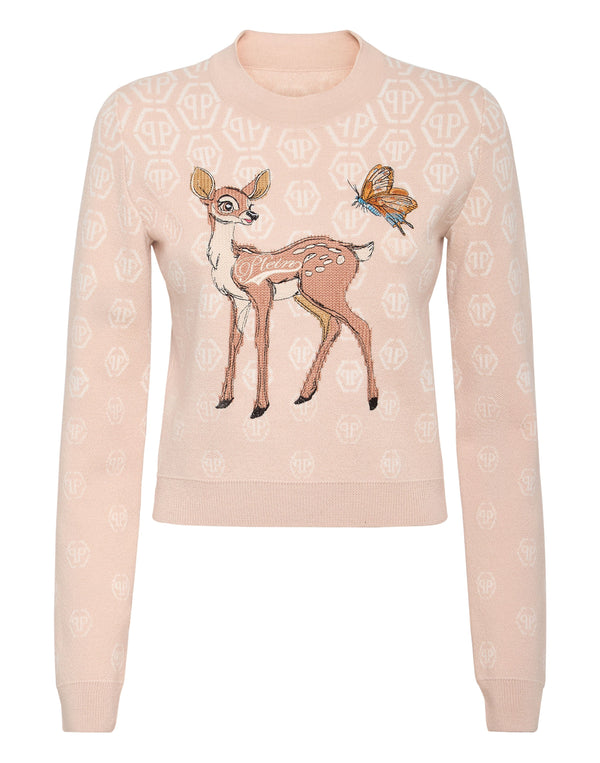 Philipp Plein Pullover Fairy Embroidery Monogram 粉色米白六角暗紋小鹿刺繡短版針織衫 女款正面