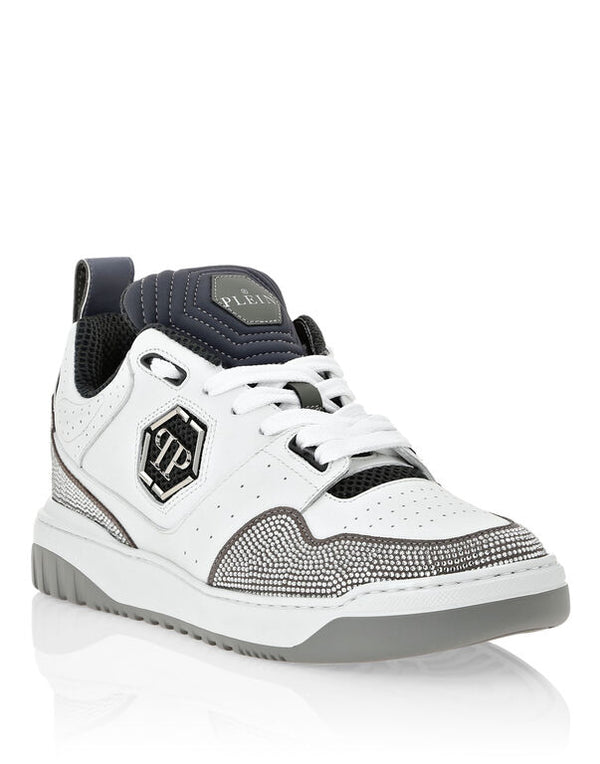 PHILIPP PLEIN Mix Leather Lo-Top Sneakers Crystal