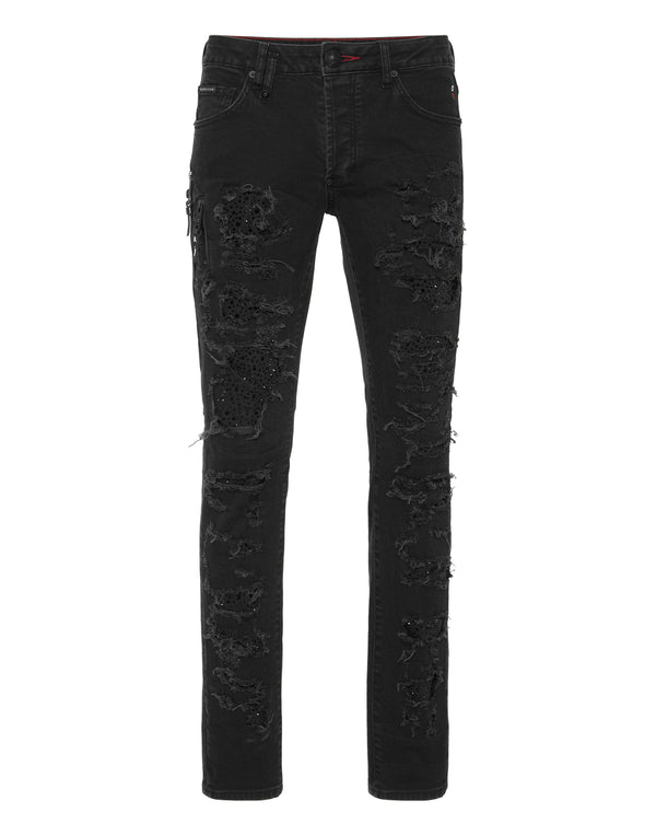 Philipp Plein Rock Star Strass 黑色水鑽破損牛仔褲 男款正面