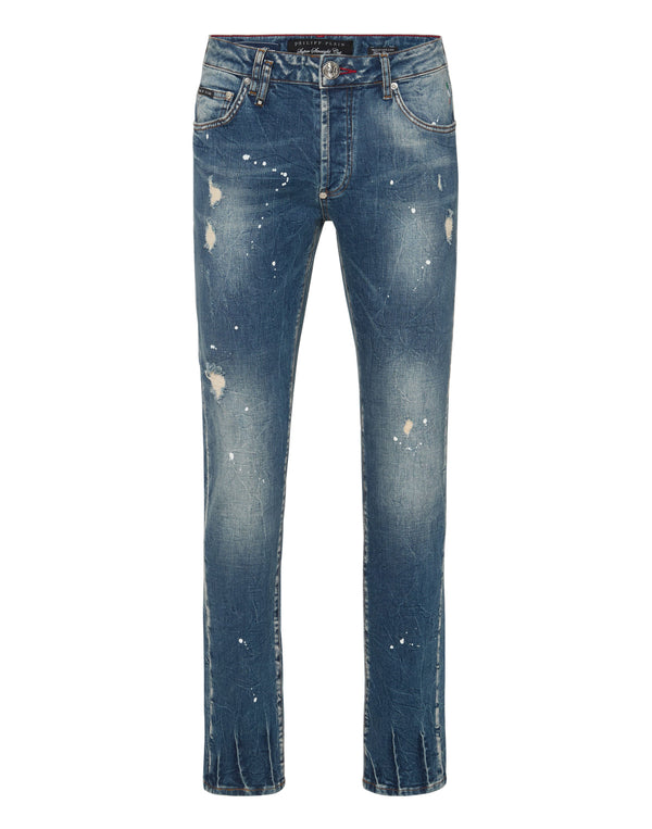 Philipp Plein Denim Super Straight Cut Studs 中藍白色潑漆做舊直筒牛仔褲 男款正面