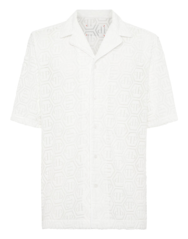 Philipp Plein Shirt Bowling Fit Jacquard Monogram 白色六角提花保齡球領短袖襯衫 男款正面