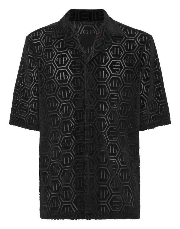 Philipp Plein Shirt SS Fit Jacquard Monogram 黑色毛圈絨面六角PP浮雕保齡球領短袖襯衫 男款正面