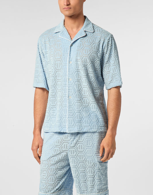 Philipp Plein Shirt Bowling Fit Jacquard Monogram 粉藍六角提花保齡球領短袖襯衫 男款正面