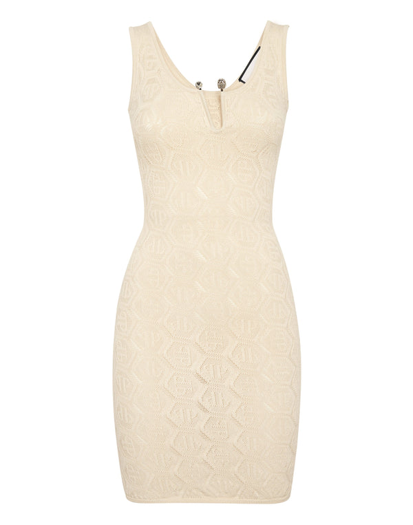 Philipp Plein Viscose Mini Dress Monogram 米白彈性菱形提花V領修身迷你洋裝 女款正面