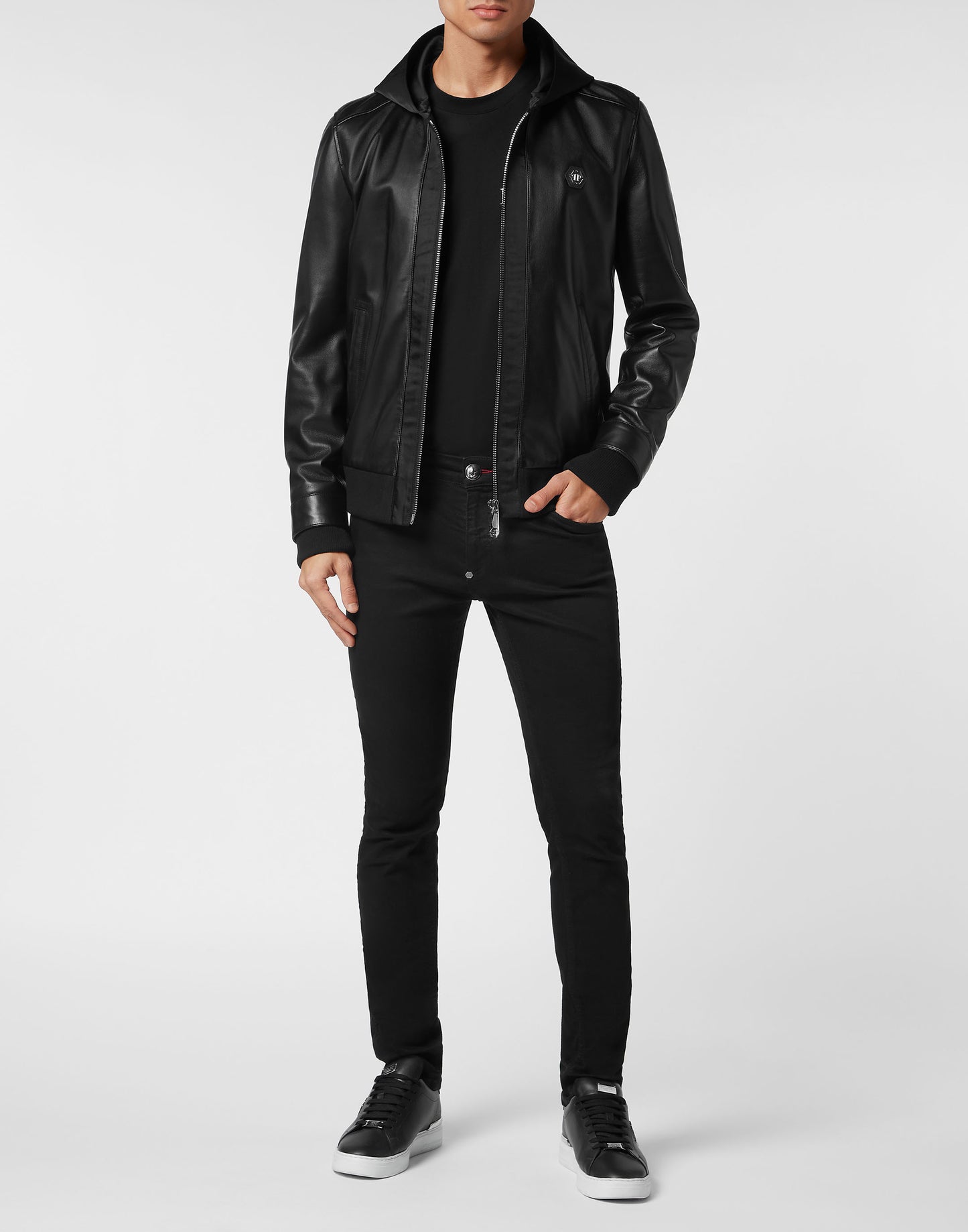 Leather Hooded Bomber with Satin Inserts