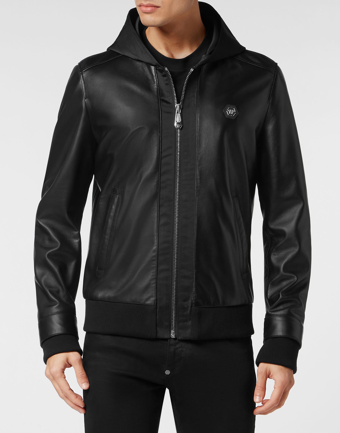 Leather Hooded Bomber with Satin Inserts