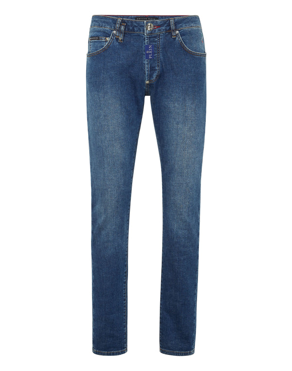 Philipp Plein Denim Super Straight Cut Hexagon 中藍水洗直筒牛仔褲 男款正面 尺寸32