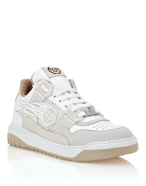 PHILIPP PLEIN Mix Leather Lo-Top Sneakers Strass Hexagon
