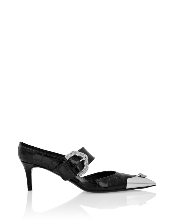 Philipp Plein Croco Mule Skull Strass 黑色鱷魚壓紋銀色金屬尖頭骷髏水鑽釦環低跟穆勒鞋 女款側面