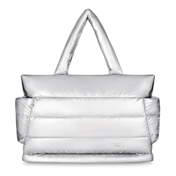 CIPU Airy側背包 ECO霓光銀 L 正面展示,光澤感銀色澎澎包身與粗提把